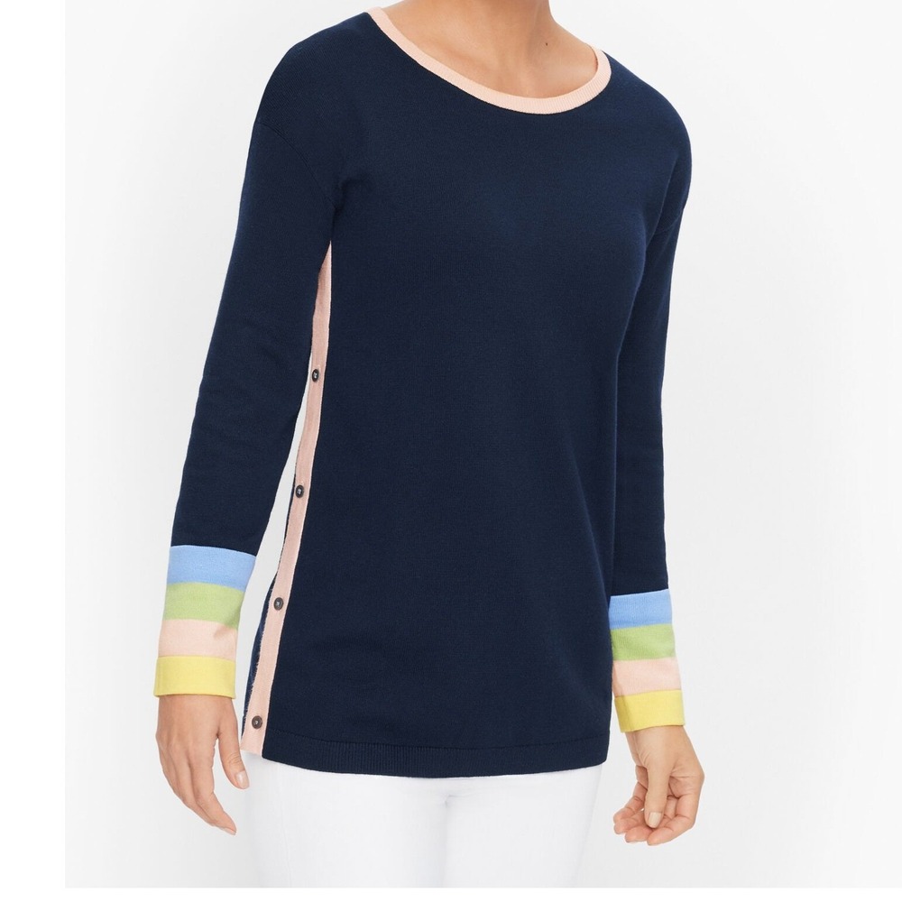 Talbots Tipped Side Button Sweater Womens 1X Blue‎ Lightweight Coastal Preppy